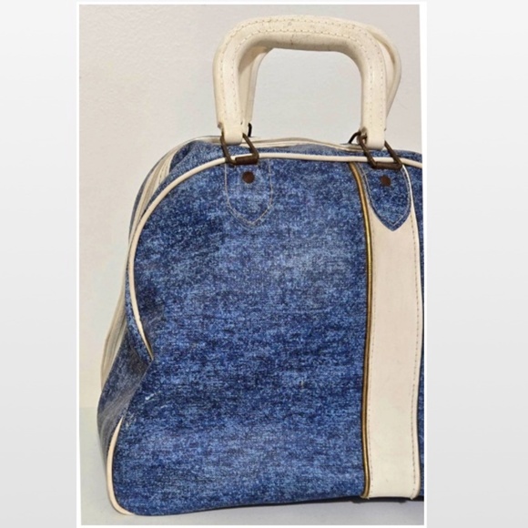 VTG Brunswick Bowling Bag Unisex Blue & White Stripe Handles Metal Rack - Picture 6 of 16